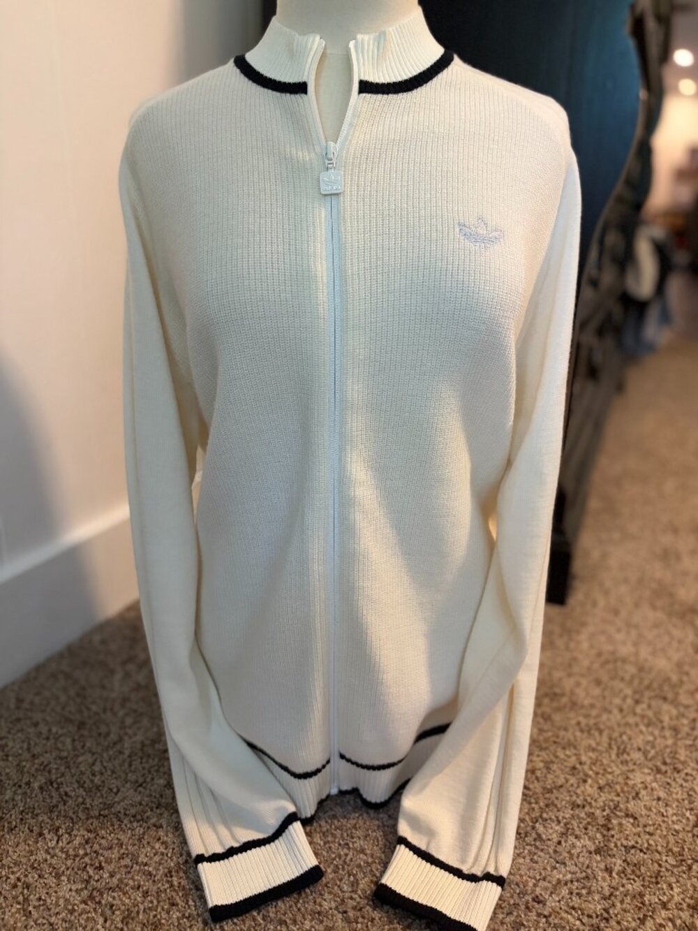 Adidas Originals Knit Full Zip Sweater Cream Navy Trefoil Men's M JD3402